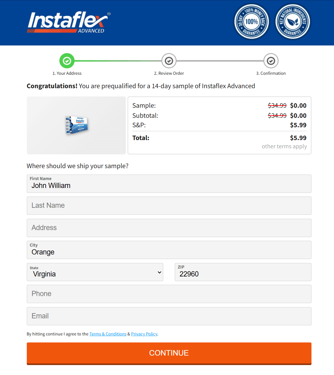 Instaflex advanced checkout page